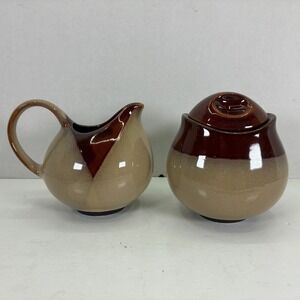 Sango Nova Brown 4933 Creamer and Lidded Sugar Bowl Set Stoneware Two Tone